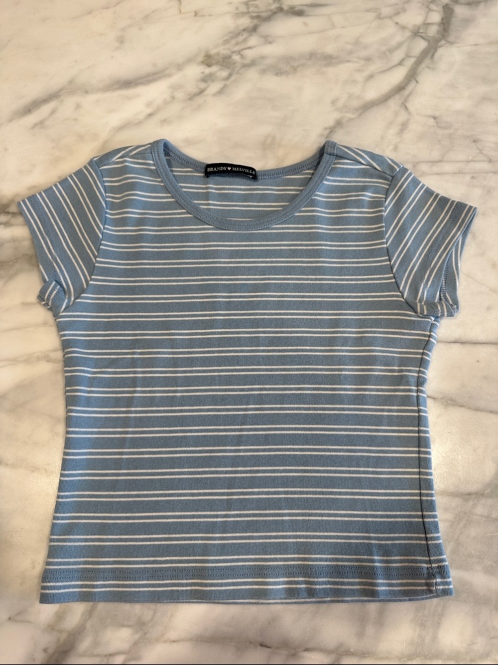 Brandy Melville Light Blue and White Striped Short Sleeve Tee
